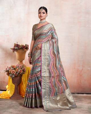 Grey Organza Faux Kanjeevaram Woven Saree With Unstitched Blouse Piece 1