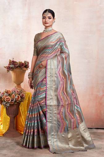 Grey Organza Faux Kanjeevaram Woven Saree With Unstitched Blouse Piece