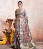 Grey Organza Faux Kanjeevaram Woven Saree With Unstitched Blouse Piece