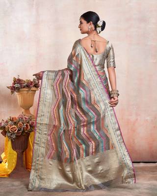 Grey Organza Faux Kanjeevaram Woven Saree With Unstitched Blouse Piece 2
