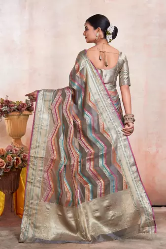 Grey Organza Faux Kanjeevaram Woven Saree With Unstitched Blouse Piece