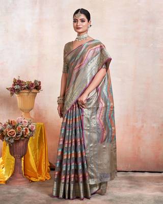 Grey Organza Faux Kanjeevaram Woven Saree With Unstitched Blouse Piece 3