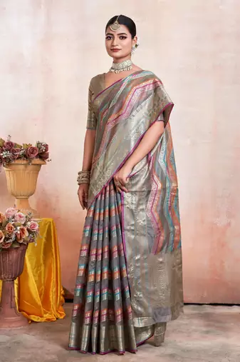 Grey Organza Faux Kanjeevaram Woven Saree With Unstitched Blouse Piece