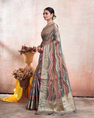 Grey Organza Faux Kanjeevaram Woven Saree With Unstitched Blouse Piece 4