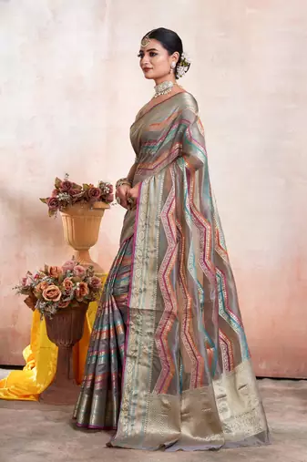Grey Organza Faux Kanjeevaram Woven Saree With Unstitched Blouse Piece