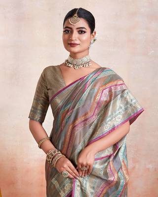 Grey Organza Faux Kanjeevaram Woven Saree With Unstitched Blouse Piece 5