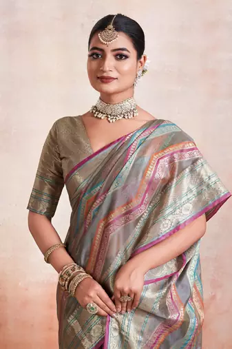 Grey Organza Faux Kanjeevaram Woven Saree With Unstitched Blouse Piece
