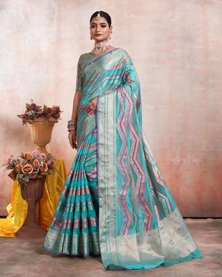 Sky Blue Organza Faux Kanjeevaram Woven Saree With Unstitched Blouse Piece 1