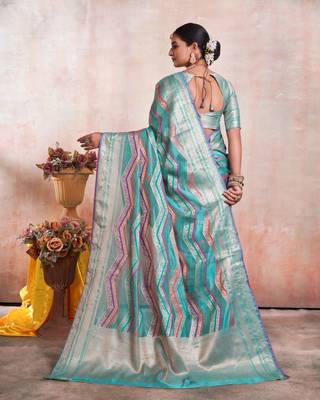 Sky Blue Organza Faux Kanjeevaram Woven Saree With Unstitched Blouse Piece 2