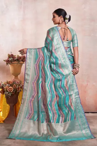 Sky Blue Organza Faux Kanjeevaram Woven Saree With Unstitched Blouse Piece