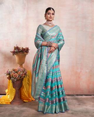 Sky Blue Organza Faux Kanjeevaram Woven Saree With Unstitched Blouse Piece 3