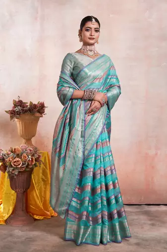 Sky Blue Organza Faux Kanjeevaram Woven Saree With Unstitched Blouse Piece