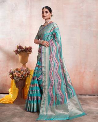 Sky Blue Organza Faux Kanjeevaram Woven Saree With Unstitched Blouse Piece 4