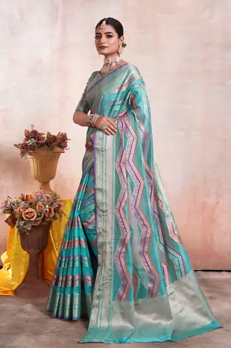 Sky Blue Organza Faux Kanjeevaram Woven Saree With Unstitched Blouse Piece