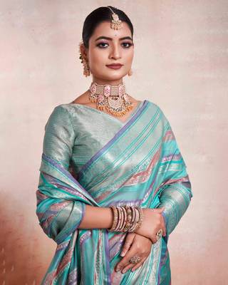 Sky Blue Organza Faux Kanjeevaram Woven Saree With Unstitched Blouse Piece 5