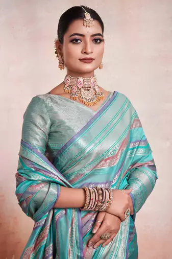 Sky Blue Organza Faux Kanjeevaram Woven Saree With Unstitched Blouse Piece