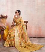 Yellow Organza Faux Faux Kanjeevaram Woven Saree With Unstitched Blouse Piece
