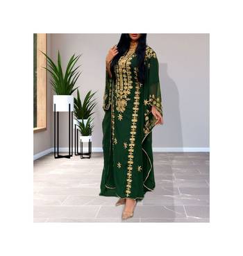 Grand Forest Green Farasha Kaftan Gown with Heavy Gold Zari Work | Event Dress 1