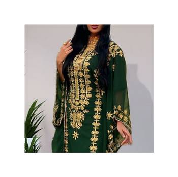 Grand Forest Green Farasha Kaftan Gown with Heavy Gold Zari Work | Event Dress 2