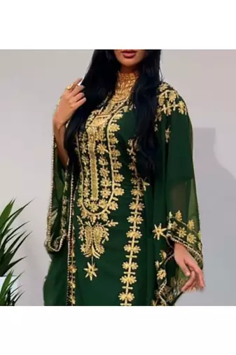 Grand Forest Green Farasha Kaftan Gown with Heavy Gold Zari Work | Event Dress