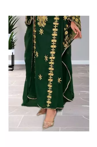Grand Forest Green Farasha Kaftan Gown with Heavy Gold Zari Work | Event Dress