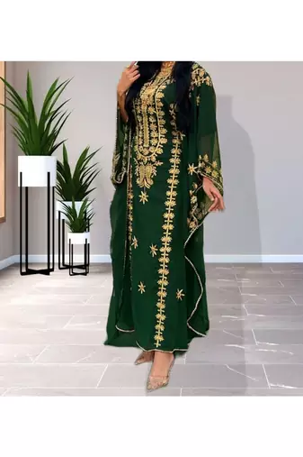Grand Forest Green Farasha Kaftan Gown with Heavy Gold Zari Work | Event Dress