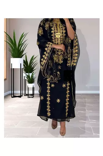 Black Kaftan Handcrafted Georgette Embroidered Work Party Wear Fully Stitched Dresses 0215