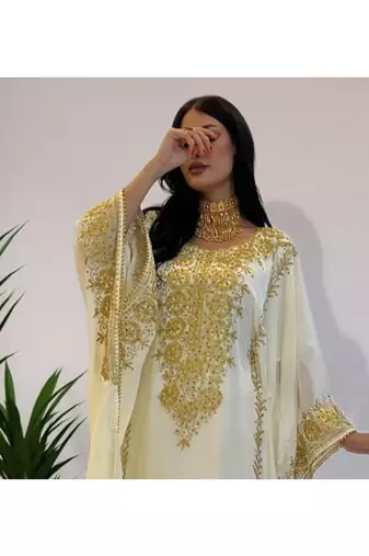 Off-White Kaftan Handcrafted Georgette Embroidered Work Party Wear Fully Stitched Dresses 0220
