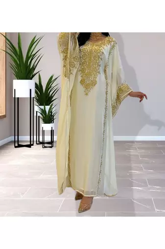 Off-White Kaftan Handcrafted Georgette Embroidered Work Party Wear Fully Stitched Dresses 0220