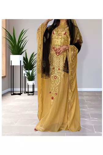 Grand Golden Yellow Kaftan Gown with Gold Zari Work | Evening & Modest Wear