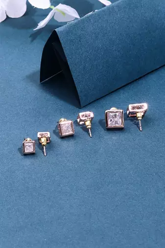3 Sets of Square Earrings In American Diamond