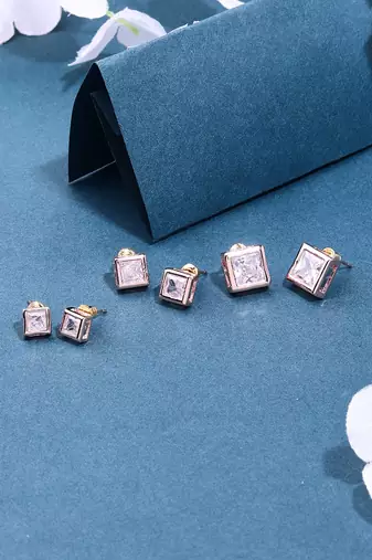 3 Sets of Square Earrings In American Diamond