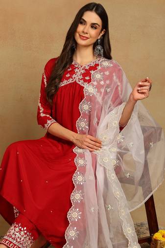 Red solid silk blend embroidered fancy anarkali trousers with dupatta