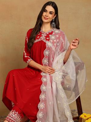 Red solid silk blend embroidered fancy anarkali trousers with dupatta 1