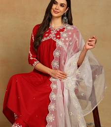 Red solid silk blend embroidered fancy anarkali trousers with dupatta