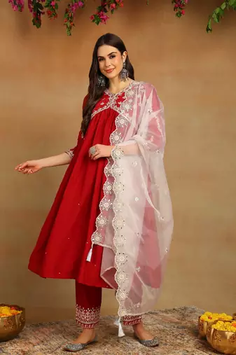 Red solid silk blend embroidered fancy anarkali trousers with dupatta