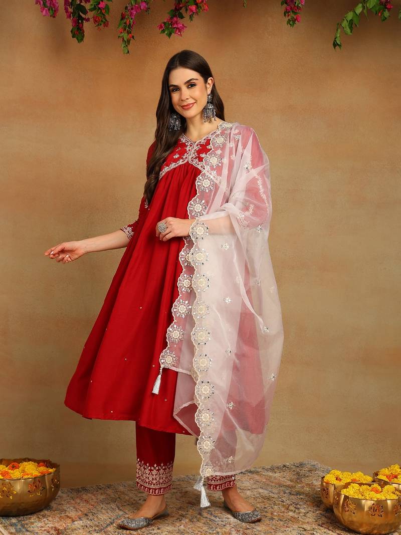Red solid silk blend embroidered fancy anarkali trousers with dupatta