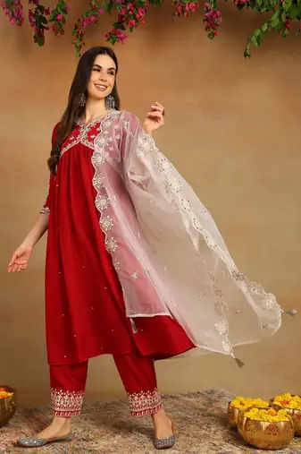 Red solid silk blend embroidered fancy anarkali trousers with dupatta