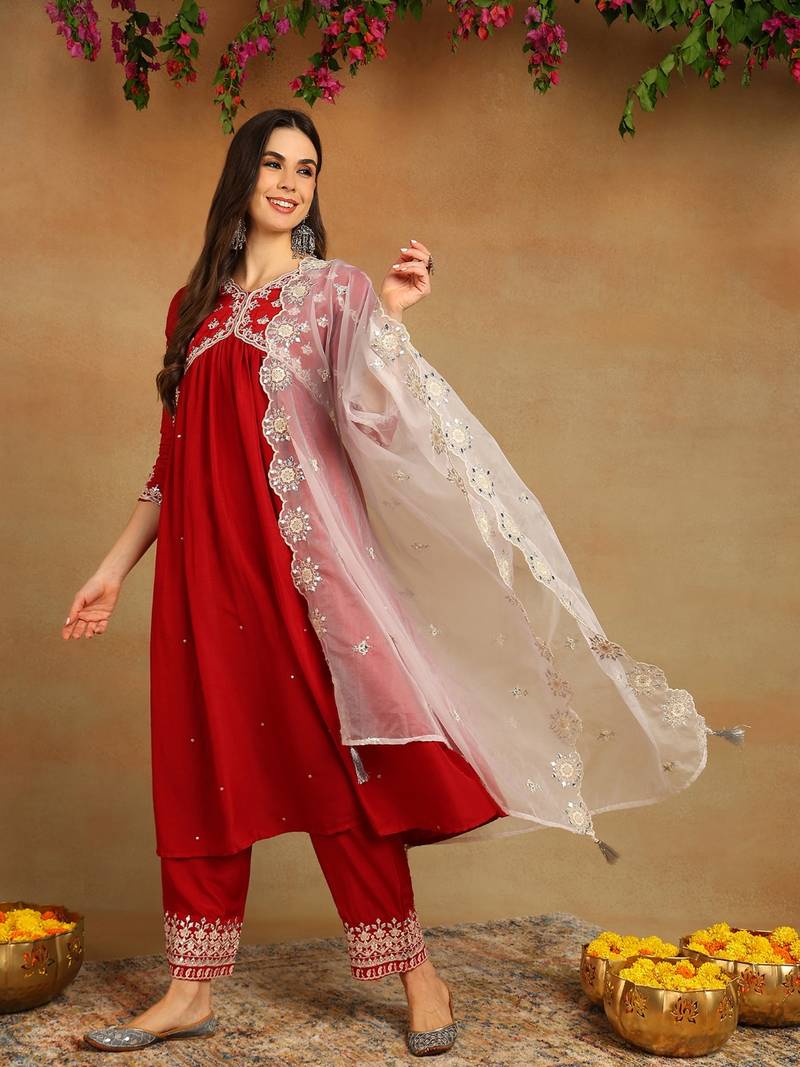 Red solid silk blend embroidered fancy anarkali trousers with dupatta