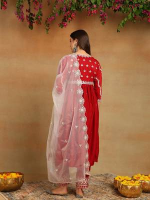 Red solid silk blend embroidered fancy anarkali trousers with dupatta 4