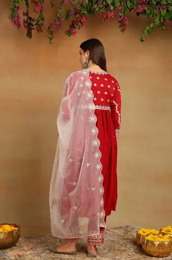 Red solid silk blend embroidered fancy anarkali trousers with dupatta