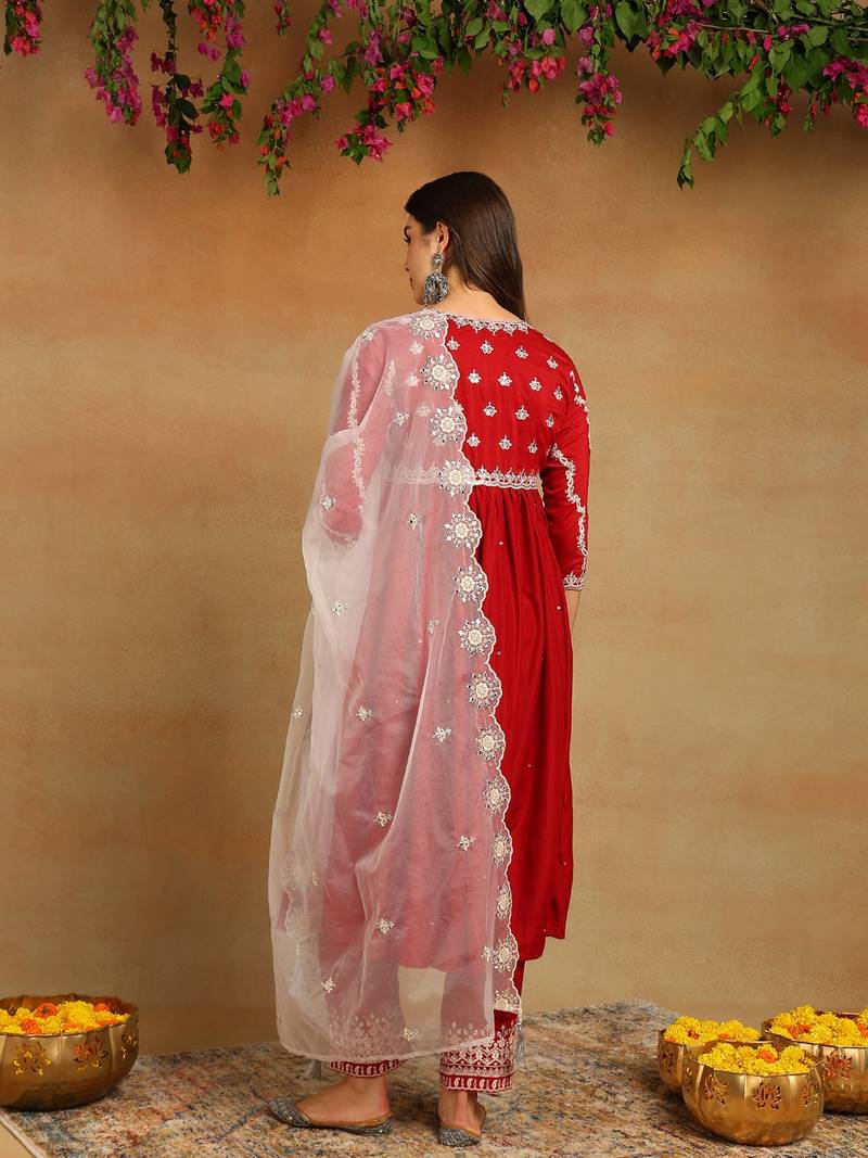 Red solid silk blend embroidered fancy anarkali trousers with dupatta