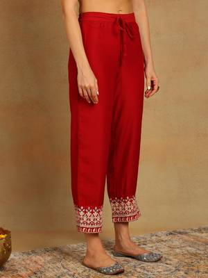 Red solid silk blend embroidered fancy anarkali trousers with dupatta 5