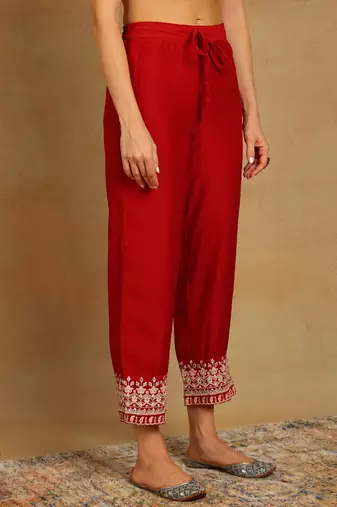 Red solid silk blend embroidered fancy anarkali trousers with dupatta