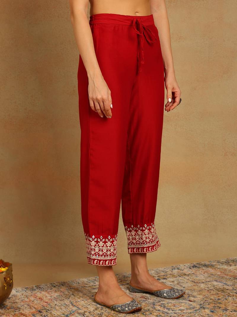 Red solid silk blend embroidered fancy anarkali trousers with dupatta