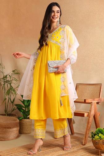 Yellow solid silk blend embroidered fancy anarkali trousers with dupatta