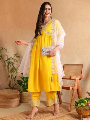 Yellow solid silk blend embroidered fancy anarkali trousers with dupatta 1