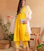 Yellow solid silk blend embroidered fancy anarkali trousers with dupatta