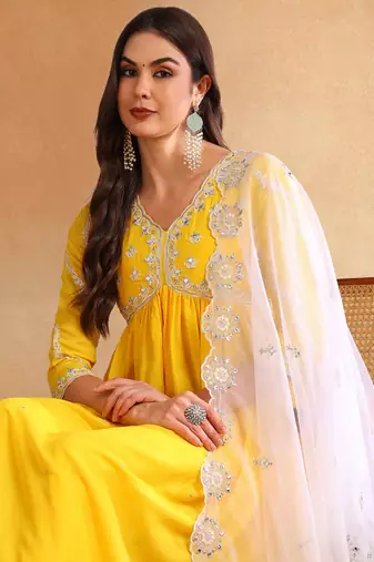 Yellow solid silk blend embroidered fancy anarkali trousers with dupatta