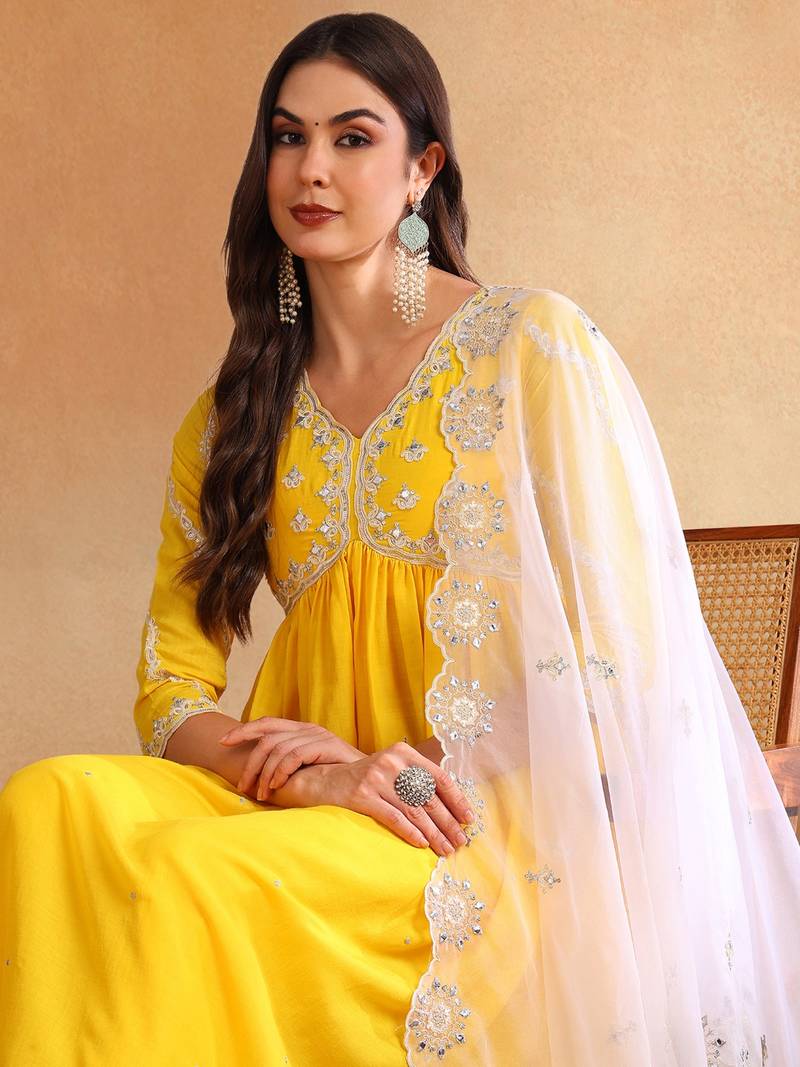 Yellow solid silk blend embroidered fancy anarkali trousers with dupatta